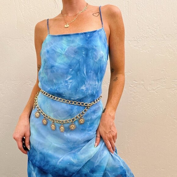 Vintage 90s/Y2K Blue Tie Dye Asymmetric Fairy Core Midi Dress - Picture 1 of 7